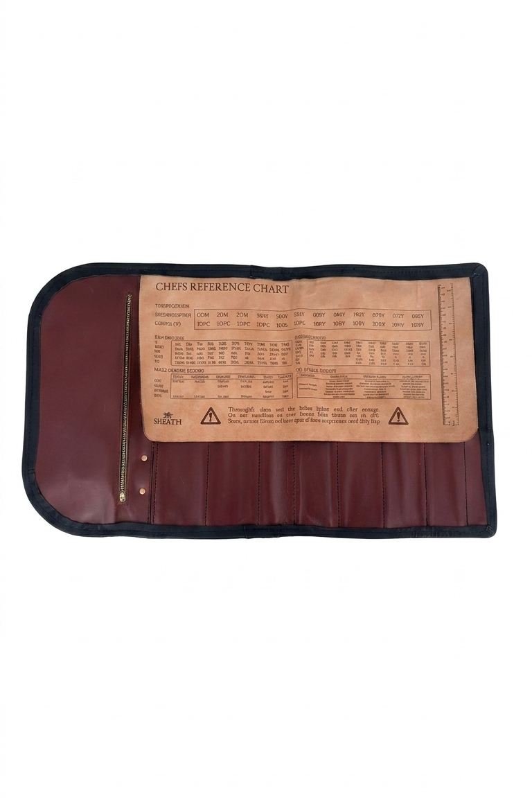 Brown knife roll with a chart on a white background