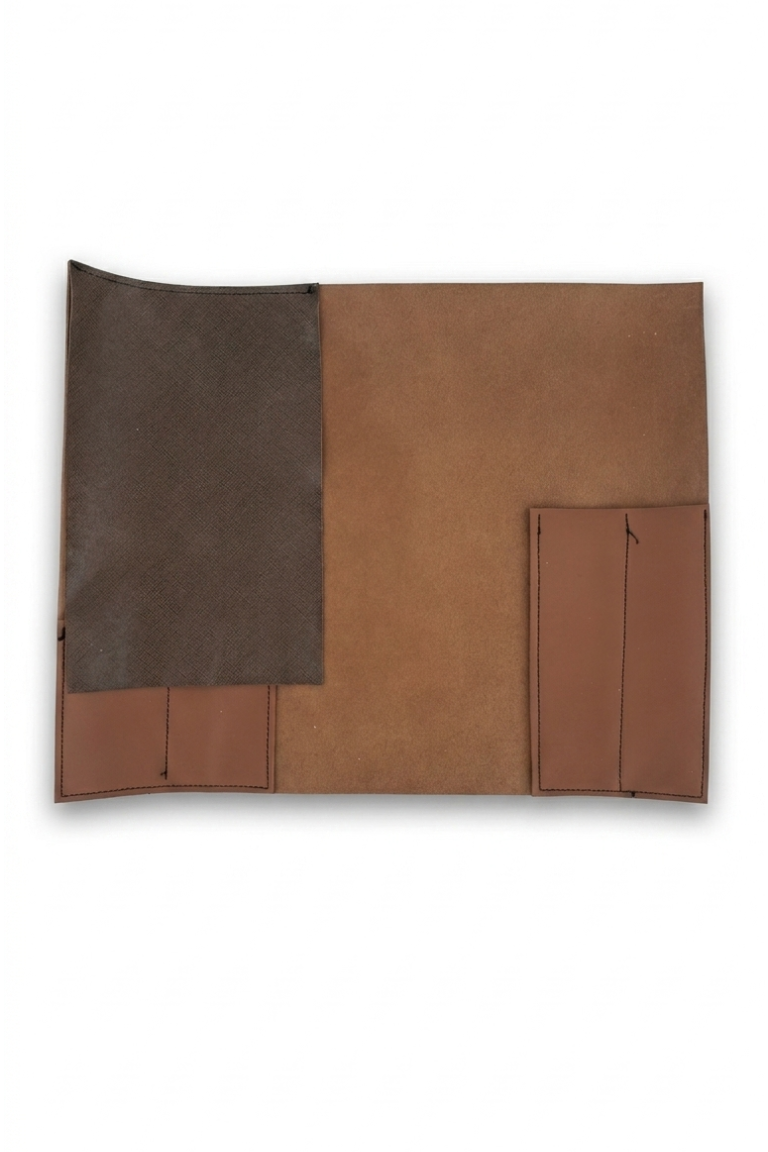 Brown leather knife roll on a white background